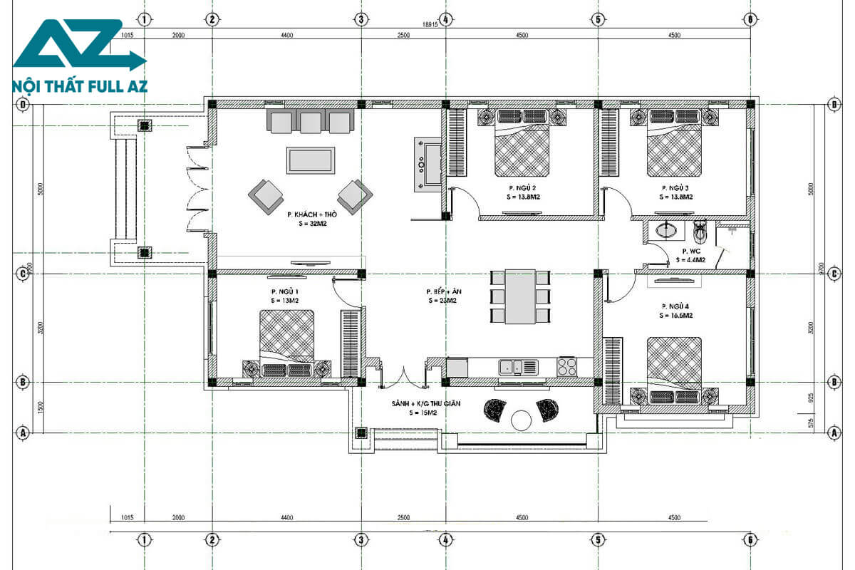 Bản vẽ nhà cấp 4 4 phòng ngủ ở nông thôn