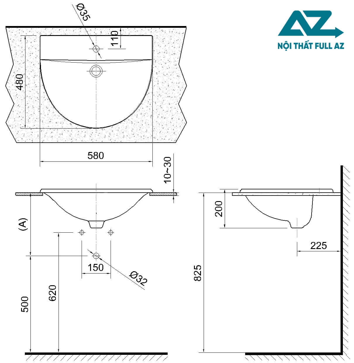 Kích thước chuẩn cho lavabo âm bàn