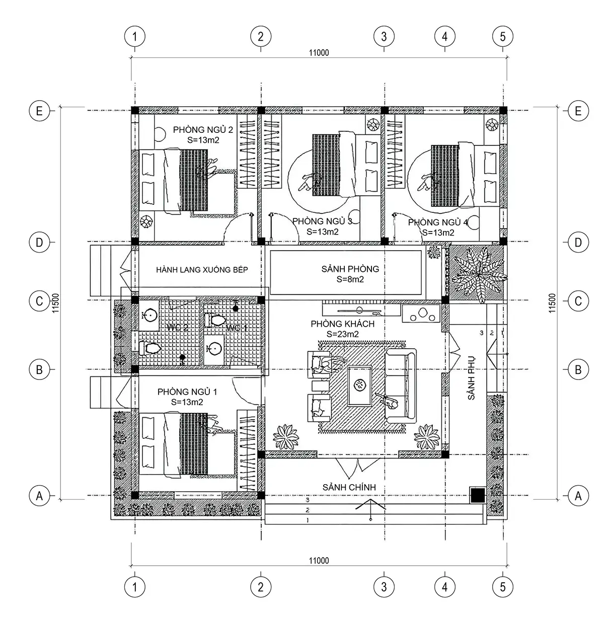 Bản vẽ mặt bằng công năng nhà mái Thái 1 tầng 4 phòng ngủ